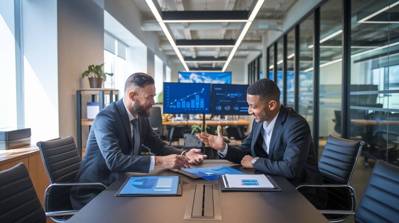 Sales Manager Job Description: Attract And Hire Top Talent Evinex Corporation | Staffing Agency two men wearing suit in an office