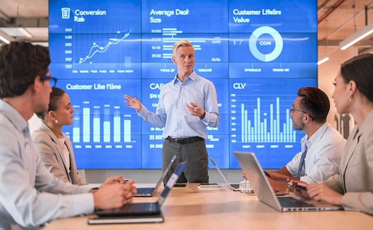 100+ Sales Manager Interview Questions With Answers Evinex Corporation | Staffing Agency a businessman giving a speech with graphs behind him