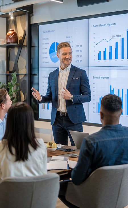 100+ Sales Manager Interview Questions With Answers Evinex Corporation | Staffing Agency a businessman speaking in an office meeting