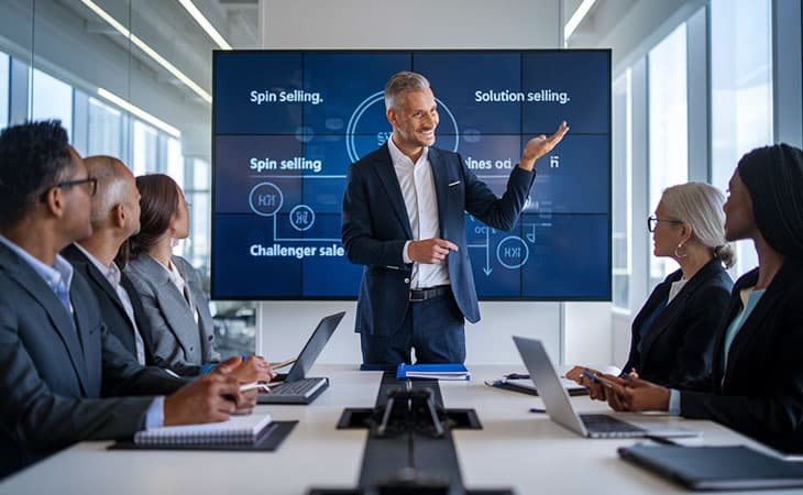 100+ Sales Manager Interview Questions With Answers Evinex Corporation | Staffing Agency a businessman speaking to a team with screens behind him