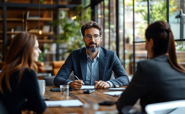 100+ Sales Manager Interview Questions With Answers Evinex Corporation | Staffing Agency a man and women talking seated at a table