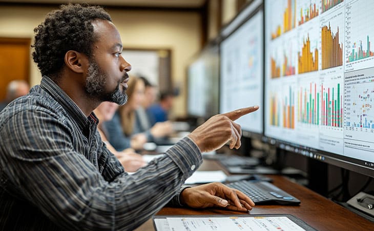 What Is Database Migration? A Step-By-Step Guide Evinex Corporation | Staffing Agency a man pointing at data charts on a screen