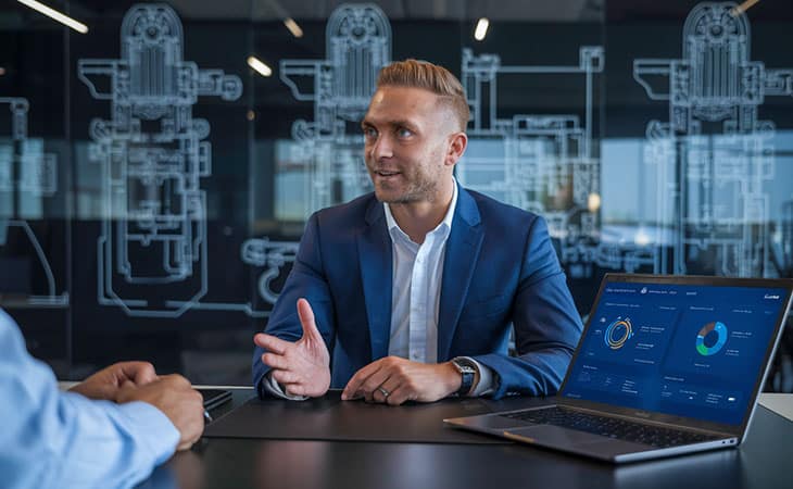 100+ Sales Manager Interview Questions With Answers Evinex Corporation | Staffing Agency a man talking to another man in an office
