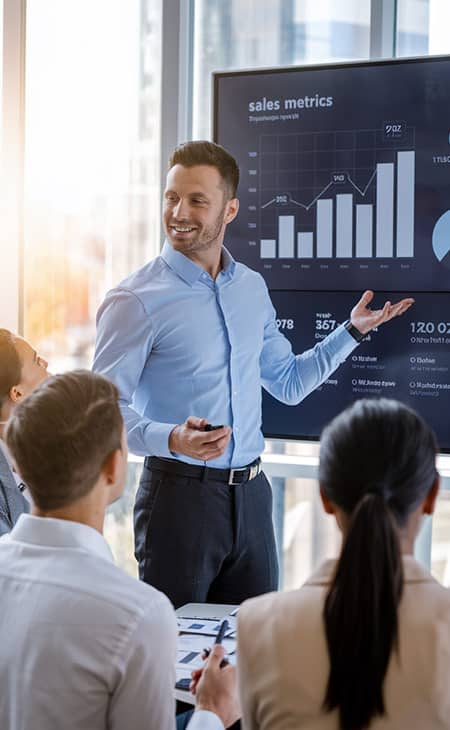 100+ Sales Manager Interview Questions With Answers Evinex Corporation | Staffing Agency a smiling man pointing at a screen speaking to his colleagues