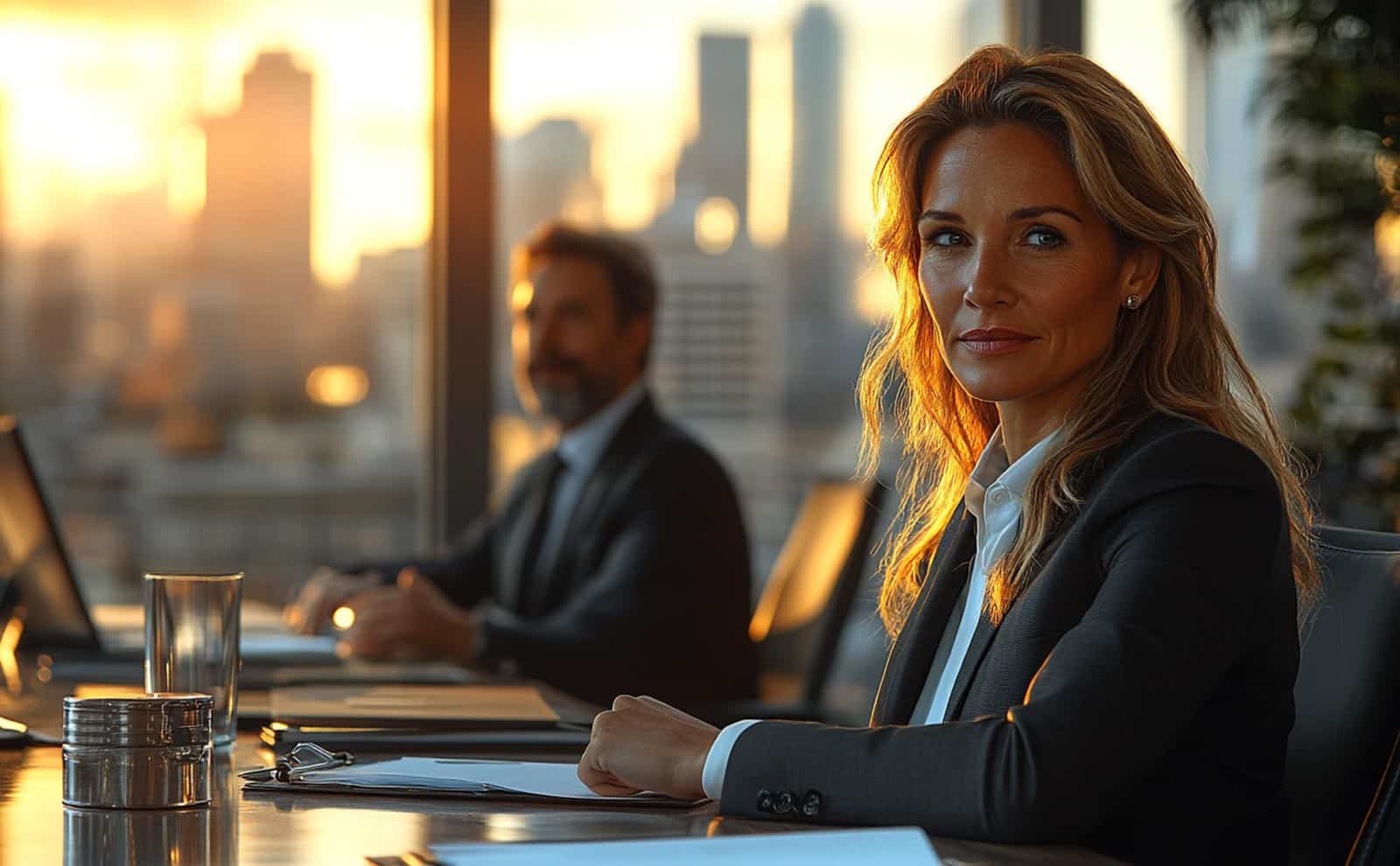 businesspeople in an office with big windows