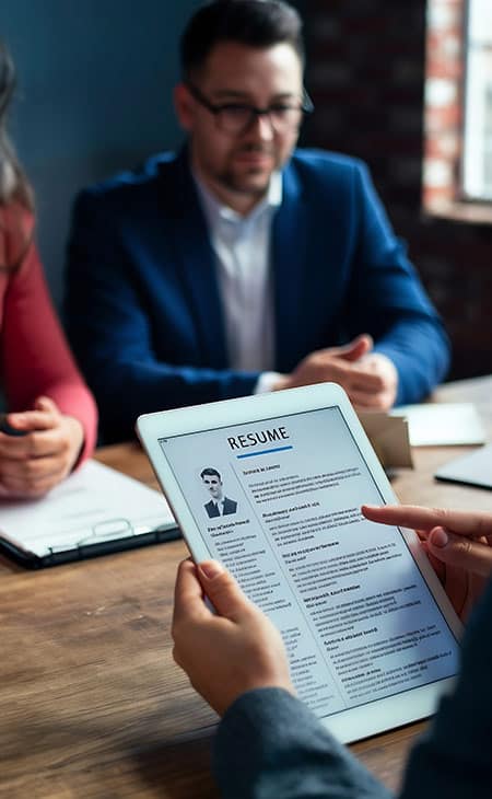 Best Fonts For Your Resume: Stand Out Professionaly Evinex Corporation | Staffing Agency detail of a resume in a tablet and people on the background
