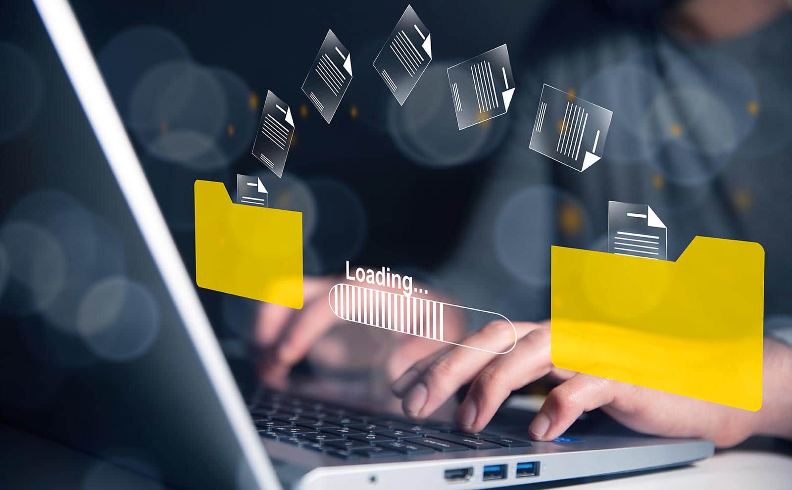 illustration of folders over a picture of hands typing on a laptop