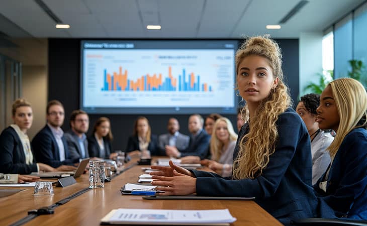 100+ Chief Of Staff Interview Questions. Find Top Leaders Evinex Corporation | Staffing Agency a businesswoman speaking in a meeting