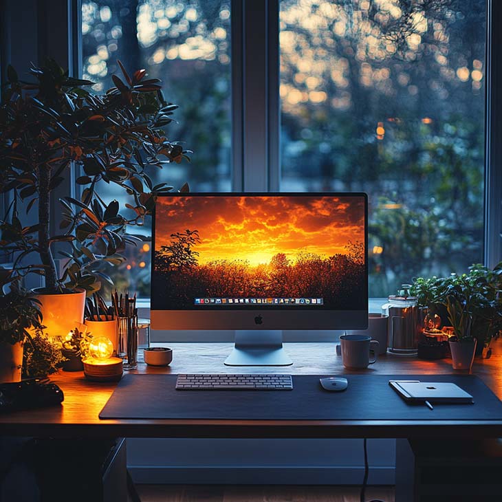 a desktop with plants is displaying a sunset on the screen