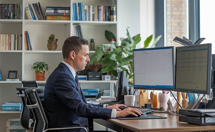 100+ Chief Of Staff Interview Questions. Find Top Leaders Evinex Corporation | Staffing Agency a focused man looking at computer screens
