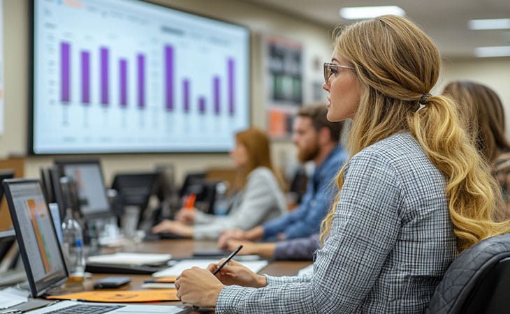 Hr Issues And Challenges: Solutions For The Modern Workplace Evinex Corporation | Staffing Agency a focused woman analyzing data during a group meeting with a digital display