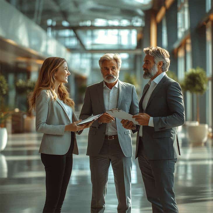 How To Conduct A Job Interview For Better Hiring Decisions Evinex Corporation | Staffing Agency a group of business professionals having a discussion in an office hallway
