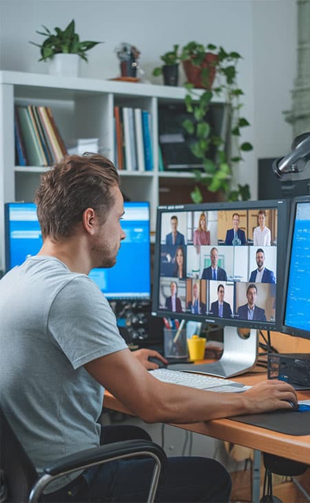 a man is on a video call at his workstation