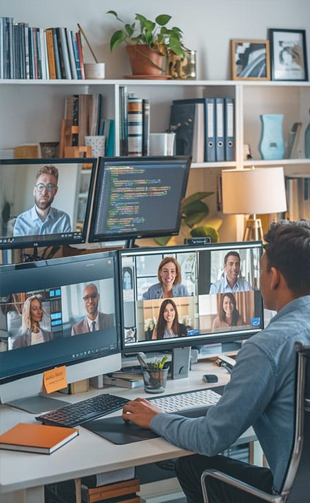 a man is on a video call with multiple screens
