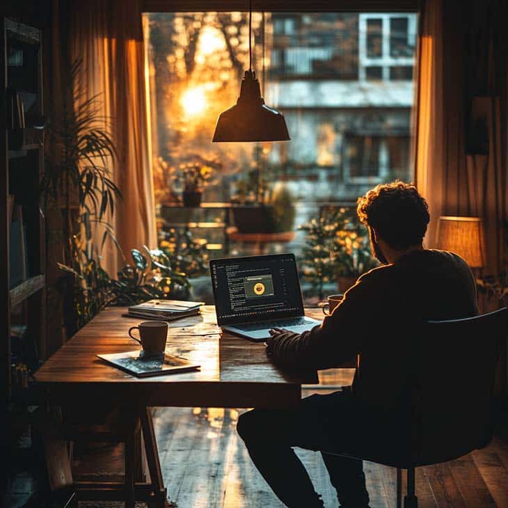 a man with a laptop is at home during sunrise