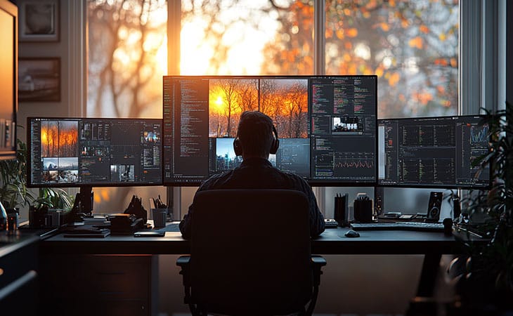 Hr Issues And Challenges: Solutions For The Modern Workplace Evinex Corporation | Staffing Agency a man working on multiple screens programming at sunset