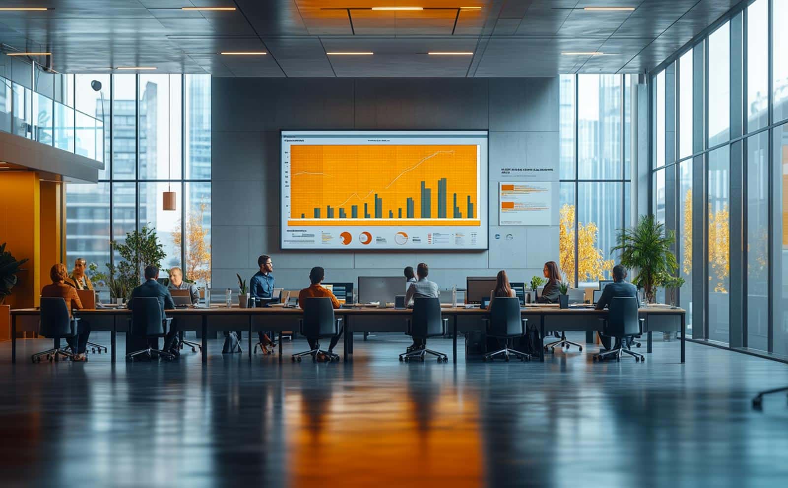 a modern conference room with a large presentation screen displaying orange data charts