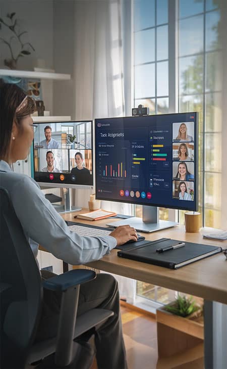 Hr Issues And Challenges: Solutions For The Modern Workplace Evinex Corporation | Staffing Agency a woman attending a video conference with her team on multiple screens from a home office