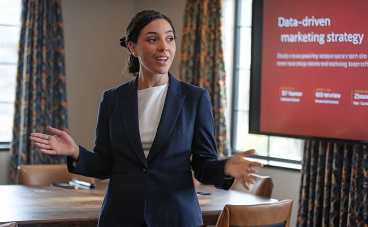 100+ Chief Of Staff Interview Questions. Find Top Leaders Evinex Corporation | Staffing Agency a woman giving a speech with a marketing presentation behind