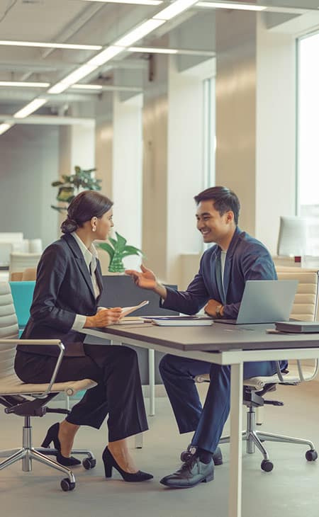 Hr Issues And Challenges: Solutions For The Modern Workplace Evinex Corporation | Staffing Agency business meeting between a man and a woman sitting at an office table