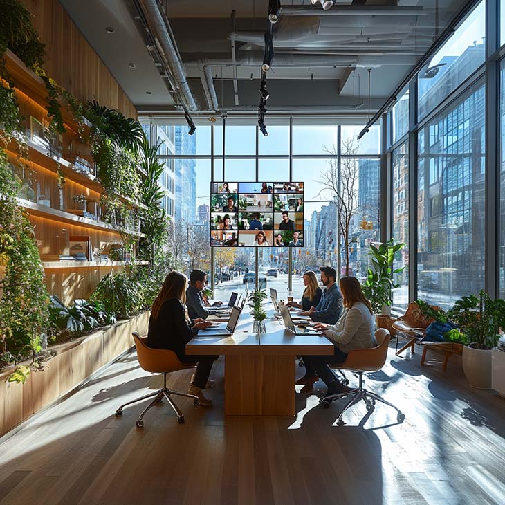 people are working with laptops in an office conference