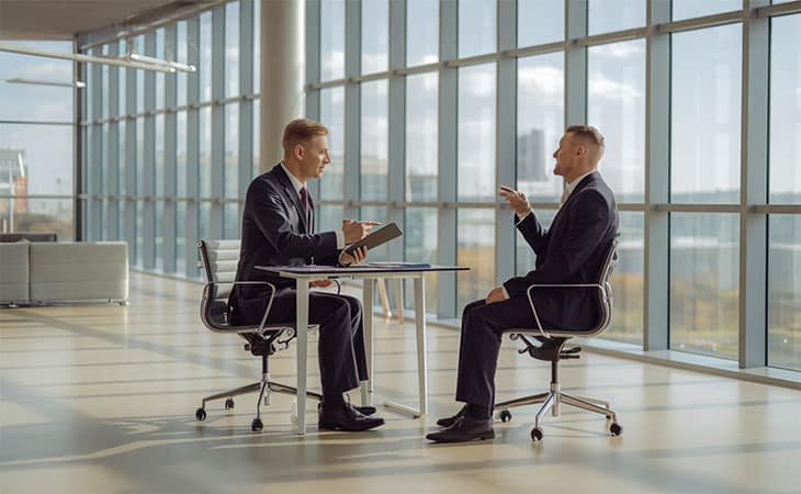 How To Conduct A Job Interview For Better Hiring Decisions Evinex Corporation | Staffing Agency two men having a discussion in an open space office