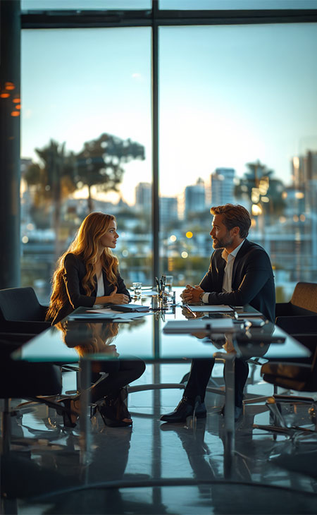 a man and a woman are at a meeting with a view of the city
