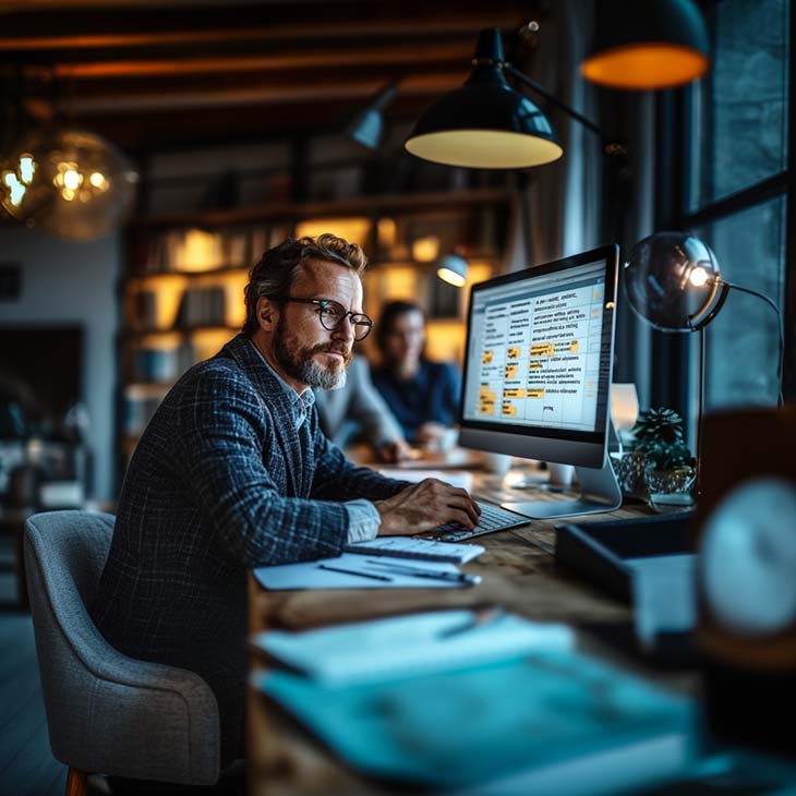a man is at a desktop in a cozy workspace
