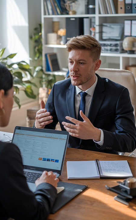 Interview Cheat Sheet: Essential Tips To Ace Your Interview Evinex Corporation | Staffing Agency a man wearing suit and making gestures while talking to a woman