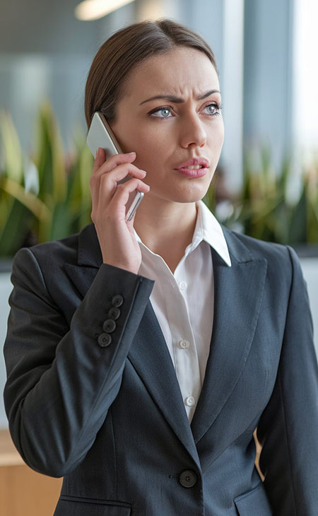 a surprised businesswoman talking on the phone