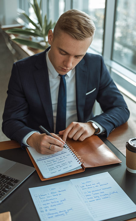 Interview Cheat Sheet: Essential Tips To Ace Your Interview Evinex Corporation | Staffing Agency a young businessman taking notes inside an office