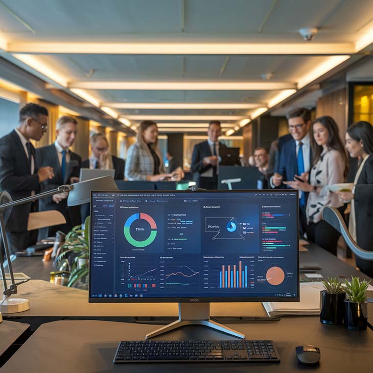 an office monitor with charts is part of a team discussion